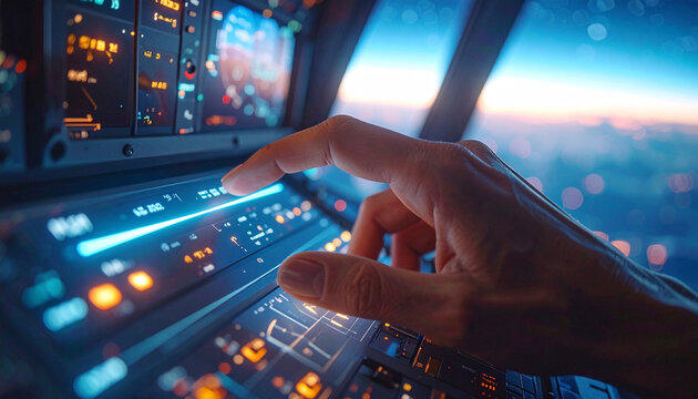 Aircraft Cockpit: A pilot's hand expertly navigates the illuminated instrument panel of an aircraft cockpit, soaring through the sky with precision and control.