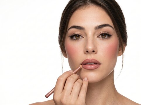Young woman applying lip liner on a white background.