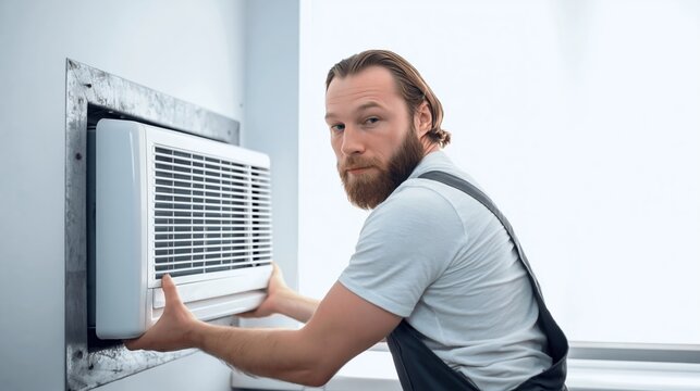 HVAC technician installing wall-mounted air conditioning unit
