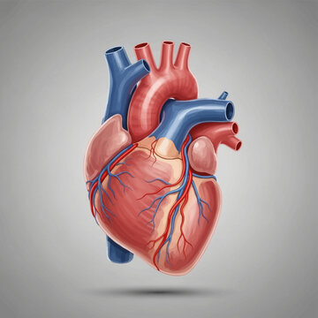 Detailed anatomical illustration of the human heart showing internal structures and major blood vessels including the aorta, superior vena cava, pulmonary arteries and veins.