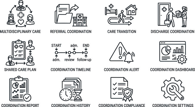 Set of medical care coordination icons.