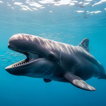 Two sperm whales swimming underwater ocean.