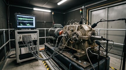 Fototapeta premium Medium shot of automated logging system in noise and vibration testing booth capturing realtime data of gearbox acoustic and vibration dynamics in enclosed environment.