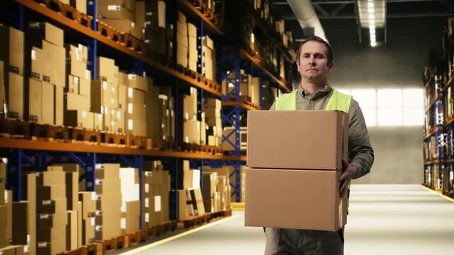 Man staff member carrying boxes and checking cargo details in industrial depot. Logistics center staff coordinating order fulfillment with express delivery, preparing order for e-commerce.