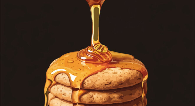 Golden honey or maple syrup pouring over a stack of thick round pancakes or cookies, detailed vector illustration with viscous liquid drips on a dark solid background.