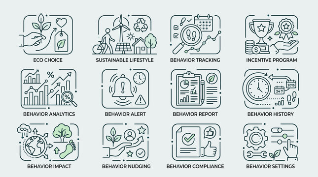 Set of line icons for behavioral analysis and sustainability tracking.