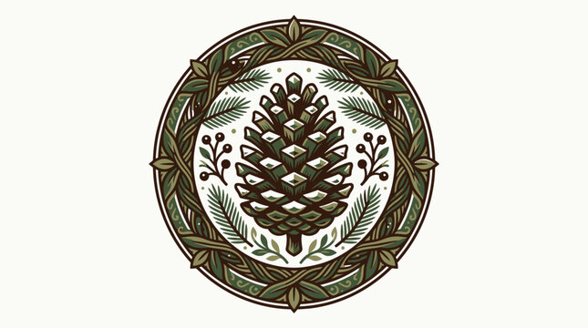 Pine cone in circular decorative frame.
