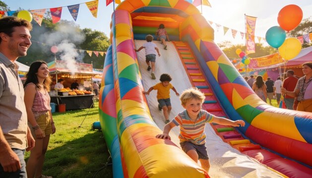Inflatable slide with children climbing and sliding beside parents at sunny festival