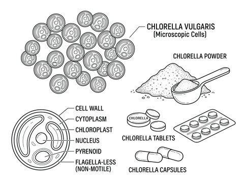 Chlorella vulgaris microscopic cells with cell wall nucleus and chloroplast diagram vector drawing.