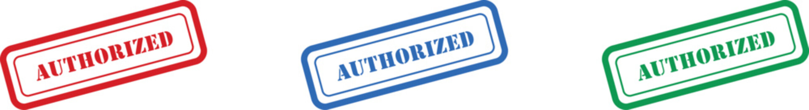 A collection of three colorful stamp labels boldly showing the word AUTHORIZED against a plain white background