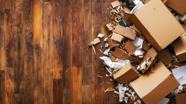 pile of torn cardboard boxes and shredded paper is scattered on a wooden floor.