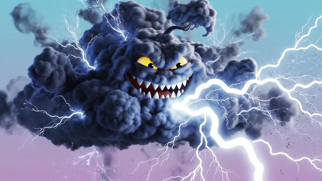 A menacing anthropomorphic storm cloud with sharp teeth and glowing yellow eyes unleashes powerful lightning strikes across a gradient sky, conveying a sense of dramatic weather and atmospheric