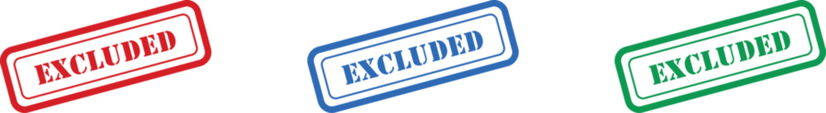 A set of three rectangular rubber stamps with the prominent word EXCLUDED presented in red, blue, and green colors