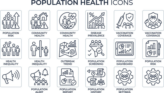 Set of Population Health Icons Illustrating Public Health Metrics and Community Data.