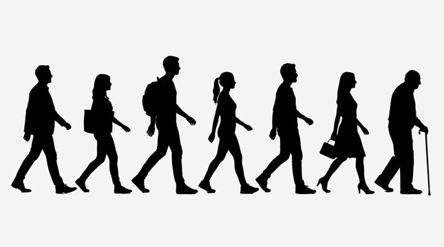 A procession of diverse human figures, ranging from a child to an elderly person, symbolizing the journey of life and human evolution