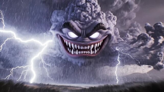 A menacing, monstrous storm cloud with glowing eyes and a terrifying grin unleashes a ferocious tempest of rain and powerful lightning with dark, ominous atmospheric conditions