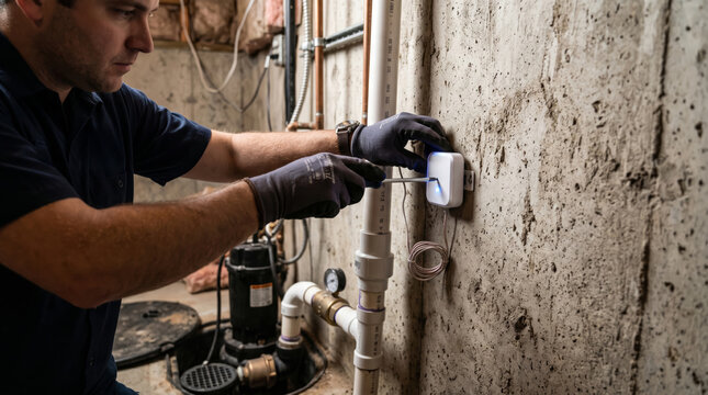 Man installing smart home device on concrete wall in basement