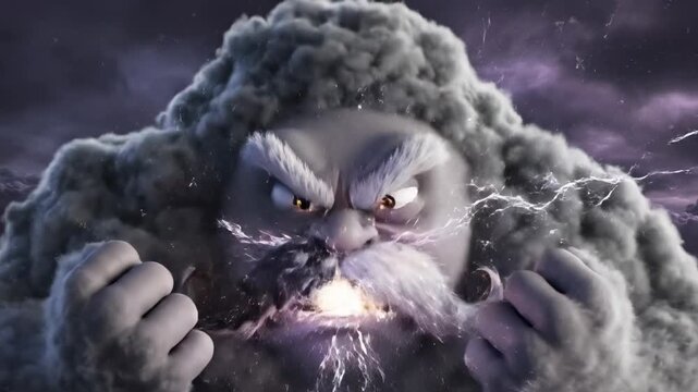 Majestic mythical storm elemental character embodying raw atmospheric power, unleashing powerful lightning bolts from its clenched fists amidst a dramatic tempestuous sky, conveying powerful