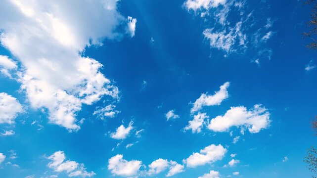 Time lapse of White clouds moving across blue sky. Cloud formation creating natural atmospheric background with soft white patterns and changing light conditions.