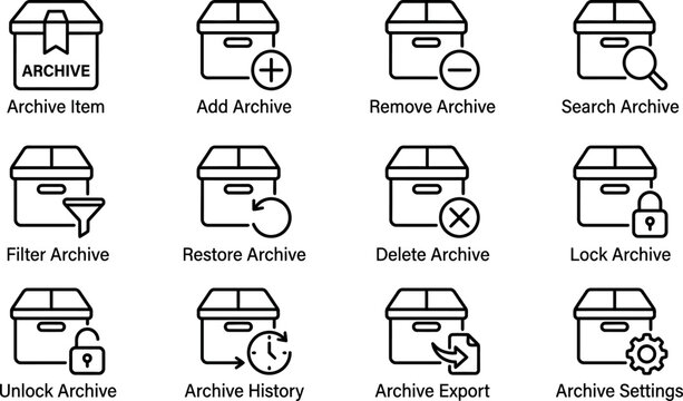 Set of outline archive icons for document management and data storage systems.