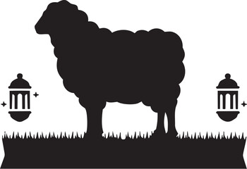 Black silhouette of a sheep standing on grass with Islamic lanterns vector illustration for Eid al-Adha or sacrifice concept © qurat