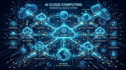 Obraz premium Ai cloud computing nodes and data sync network illustration with futuristic circuit board background