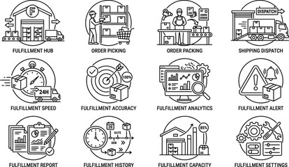 Fototapeta premium Set of logistics and fulfillment process thin line icons.