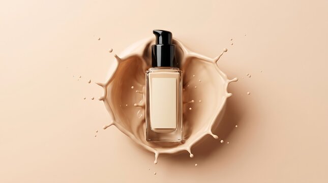 Photorealistic studio product shot of a sleek liquid foundation pump bottle creating an elegant splash of creamy beige cosmetic texture, isolated against a harmonizing light neutral background