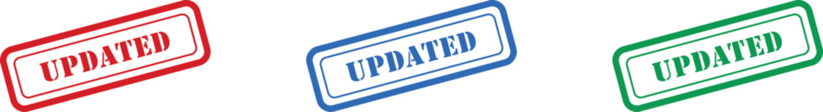 Three colorful rubber stamp icons for UPDATED in red, blue, and green on a clear white background