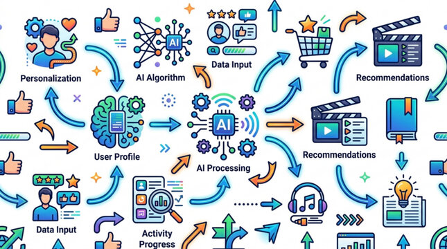 Ai recommendation system workflow with data input algorithm and personalization icons on white background