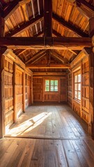 Fototapeta premium Interior of a rustic, wooden building, showcasing walls, ceiling, and flooring details