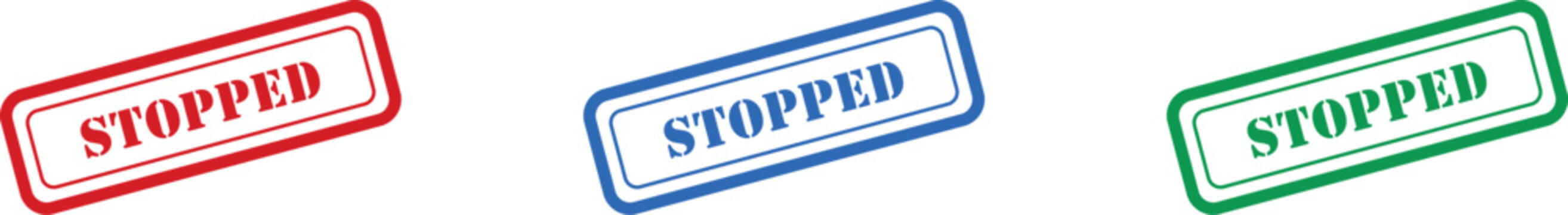 Three distinct stopped rubber stamp icons in red blue and green are presented on a clean white surface