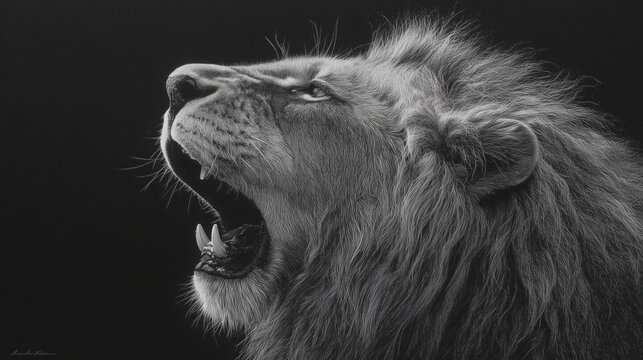 Dramatic Black and White Lion Roaring in Profile with Open Mouth