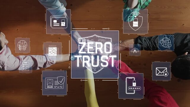This image illustrates a collaborative cybersecurity approach within a Zero Trust framework, showcasing digital icons that emphasize secure practices and modern technology. Raster