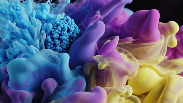 Vibrant, swirling clouds of colorful ink bloom and dissipate within a dark, ethereal expanse, creating a mesmerizing display of abstract, fluid motion and artistic chemical reactions that