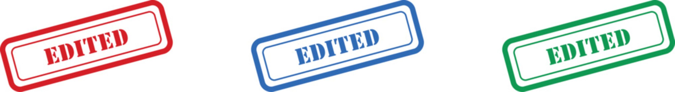 Three vibrant rubber stamp icons for EDITED in red, blue, and green on a clear white background