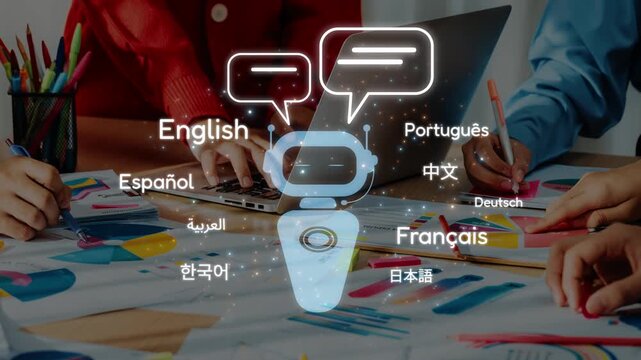 A vibrant and engaging workspace showcases diverse language tools with individuals collaborating. Technology fosters multilingual communication, enhancing creativity and teamwork. Raster