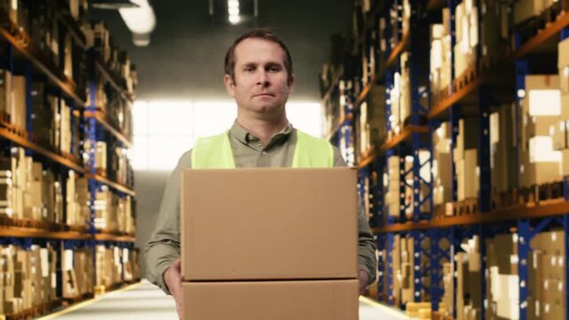 Man staff member carrying boxes and checking cargo details in industrial depot. Logistics center staff coordinating order fulfillment with express delivery, preparing order for e-commerce.