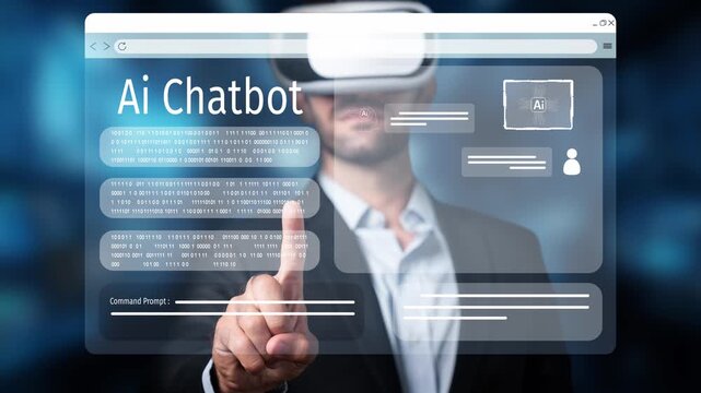 A professional in a suit interacts with a virtual reality Ai chatbot, showcasing advanced technology in a modern business context and highlighting digital innovations. Raster