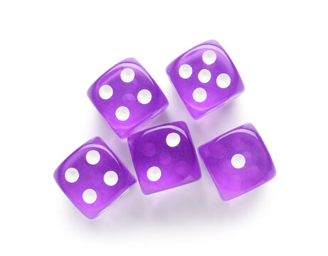 Many purple game dices on white background