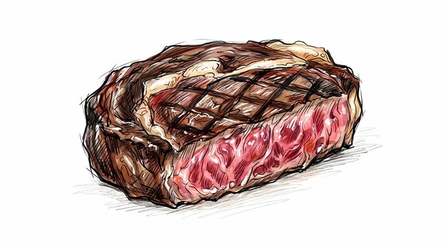 Watercolor sketch illustration of juicy grilled beef steak with grill marks isolated on white background