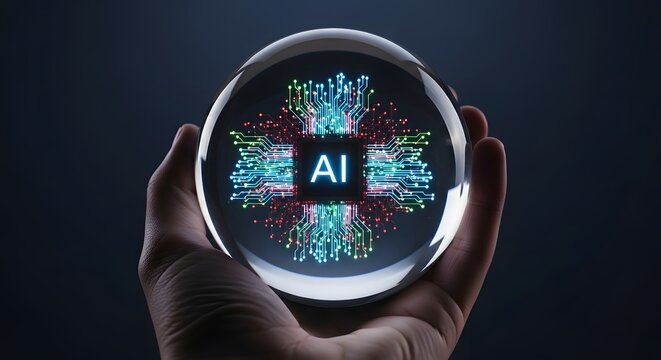 Artificial intelligence crystal ball, glowing AI circuit board, future technology concept