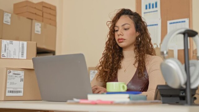 Woman typing on laptop with hand on keyboard, surrounded by labeled shipping boxes and a mug in a small mailroom; entrepreneurial focus.