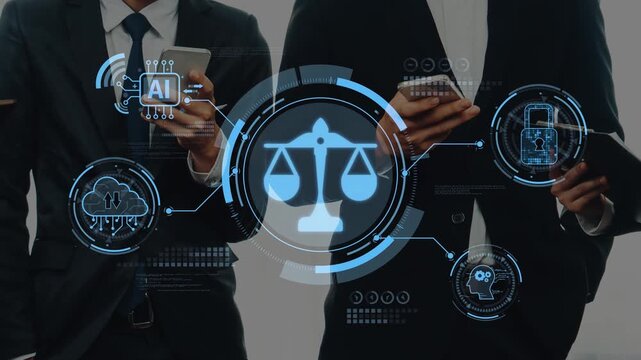 Business professionals engage with technology to transform legal services. They leverage artificial intelligence and data-driven strategies for enhanced results and innovation. Raster