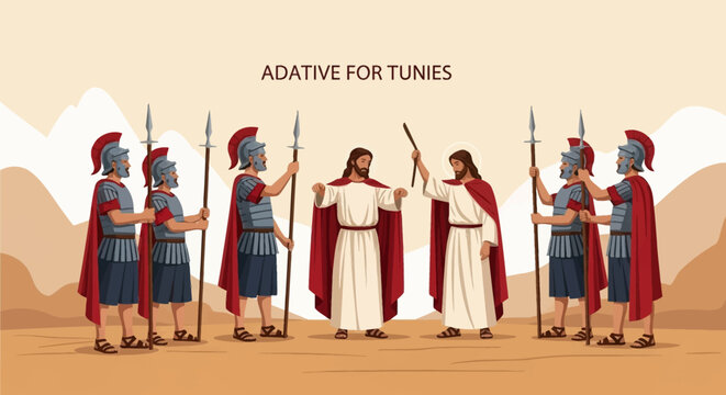 Biblical vector illustration depicting Roman soldiers in traditional armor and spears standing alongside two figures in white tunics and red cloaks within a desert landscape.