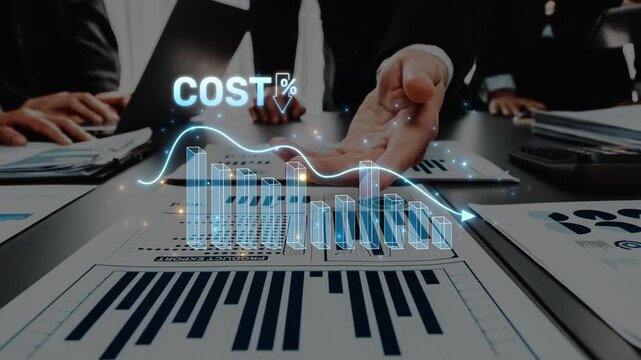 A professional business meeting focused on cost analysis, featuring graphs and charts. The interactive presentation highlights financial trends in a dynamic office environment. Raster
