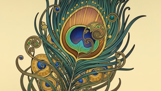 Elaborate peacock feather design in an Art Nouveau style.