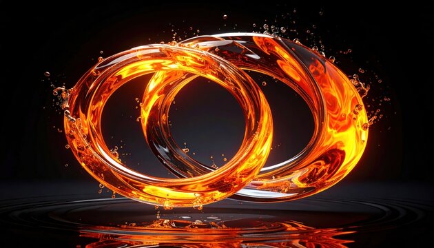 Two intertwining, fiery, liquid rings against a dark background, water-like