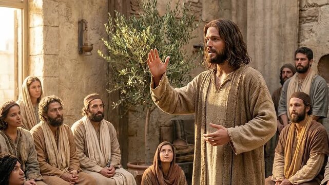 Jesus speaking peacefully to disciples in an ancient sunlit courtyard.