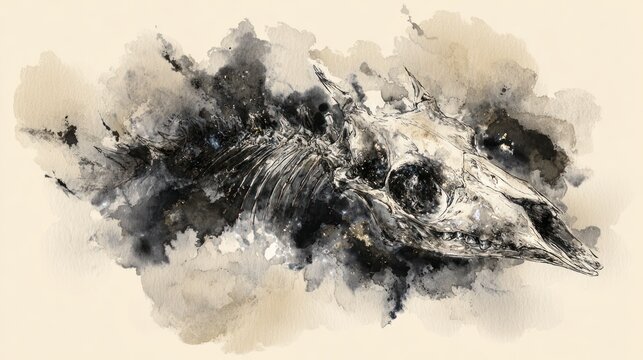 Artistic render of animal skull with watercolor effect on beige background